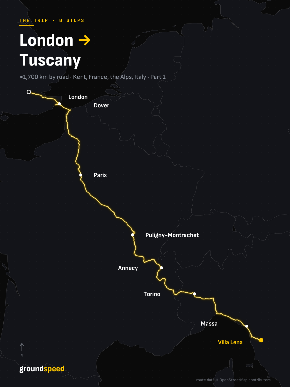 Map of the route: London, Paris, Puligny-Montrachet, Annecy, Torino, Massa, Villa Lena