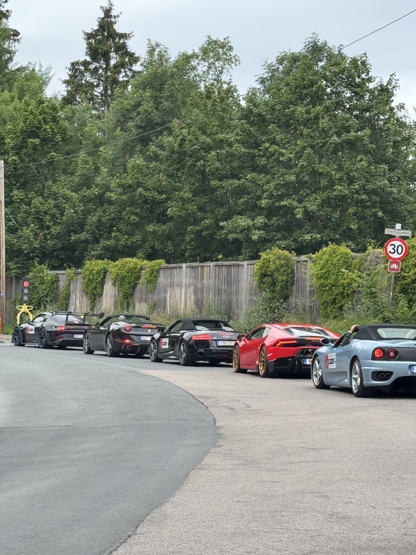Μια σειρά από Porsche και Ferrari παρκαρισμένα σε δρόμο ανάμεσα σε δέντρα
