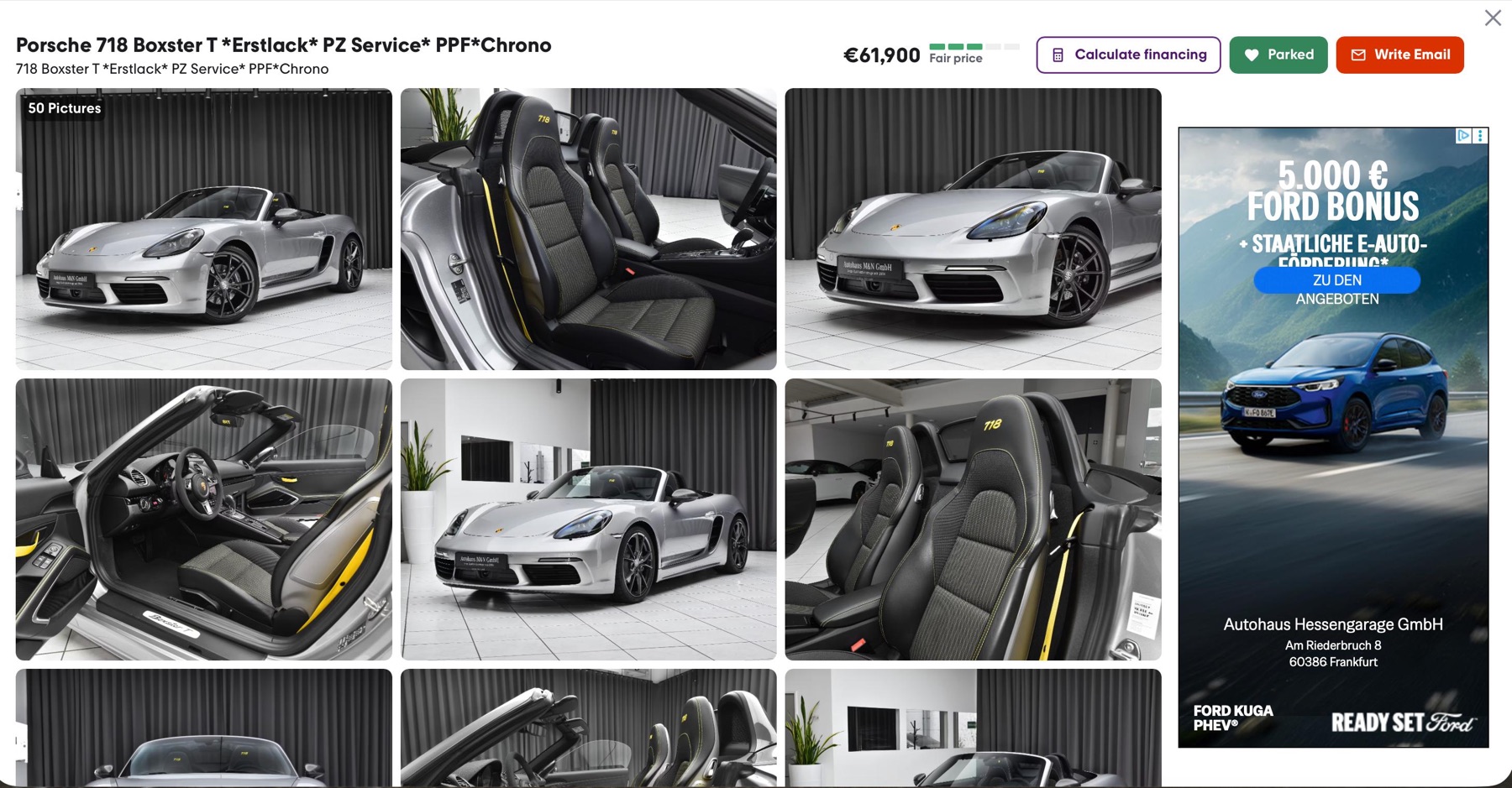 Η αγγελία της Porsche 718 Boxster T στο mobile.de